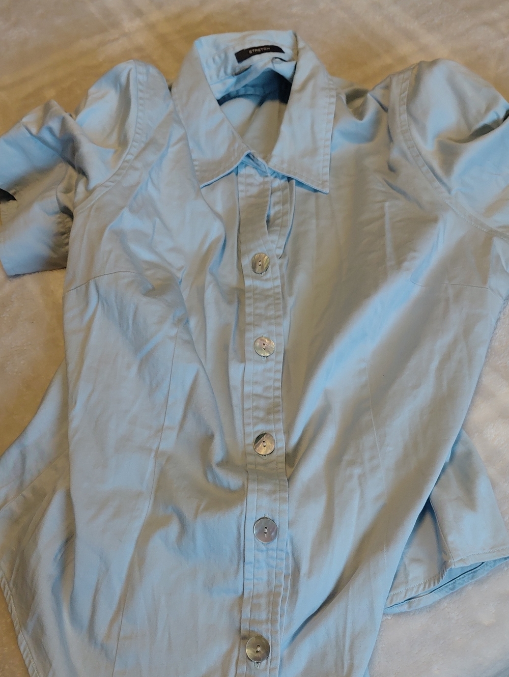 Baby Blue Vintage Mother Of Pearl Button-Up Stretch Blouse